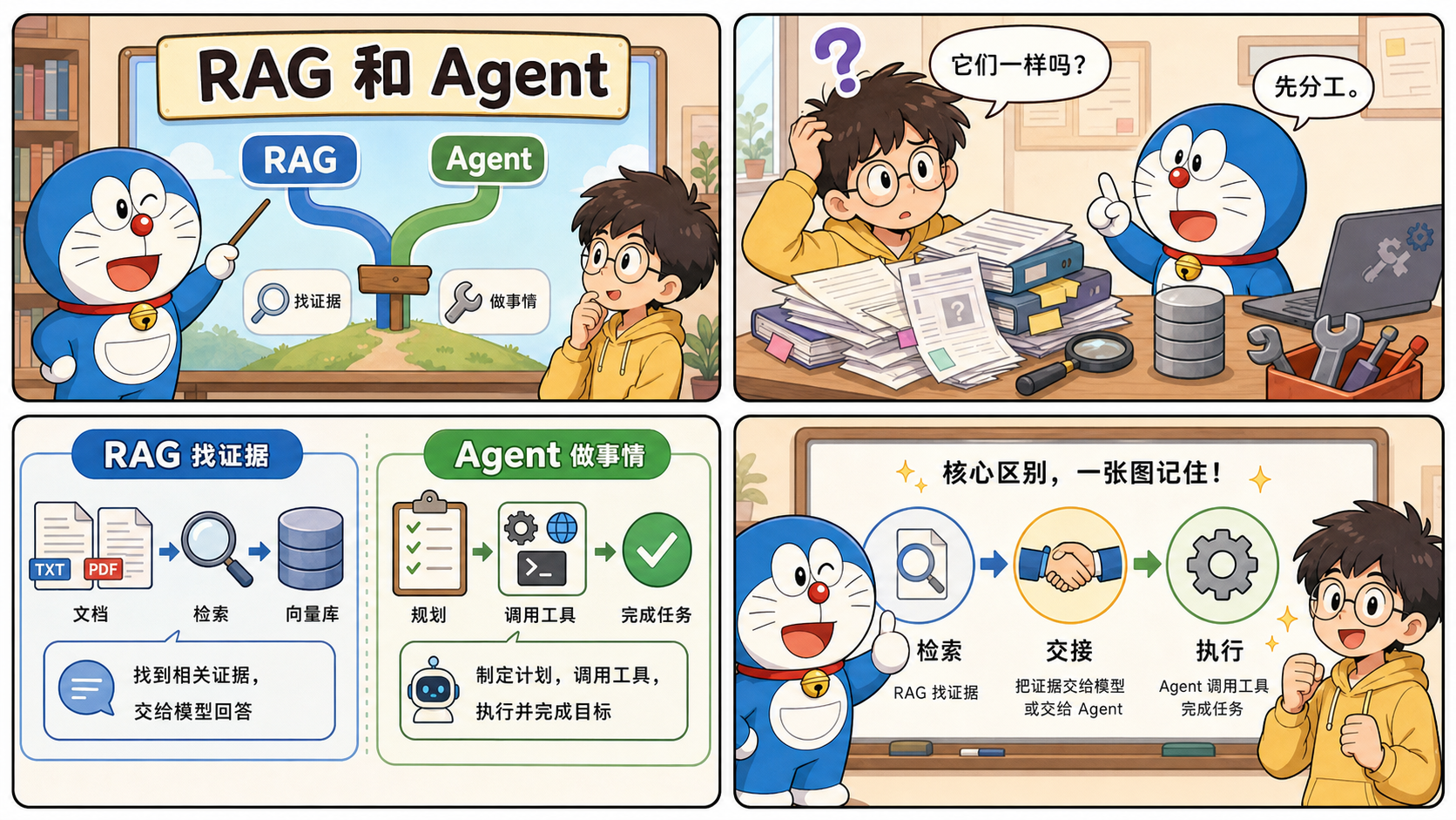 漫画风插图：左边的角色在资料堆里拿着放大镜找证据，代表 RAG；右边的角色拿着工具和任务清单准备行动，代表 Agent。
