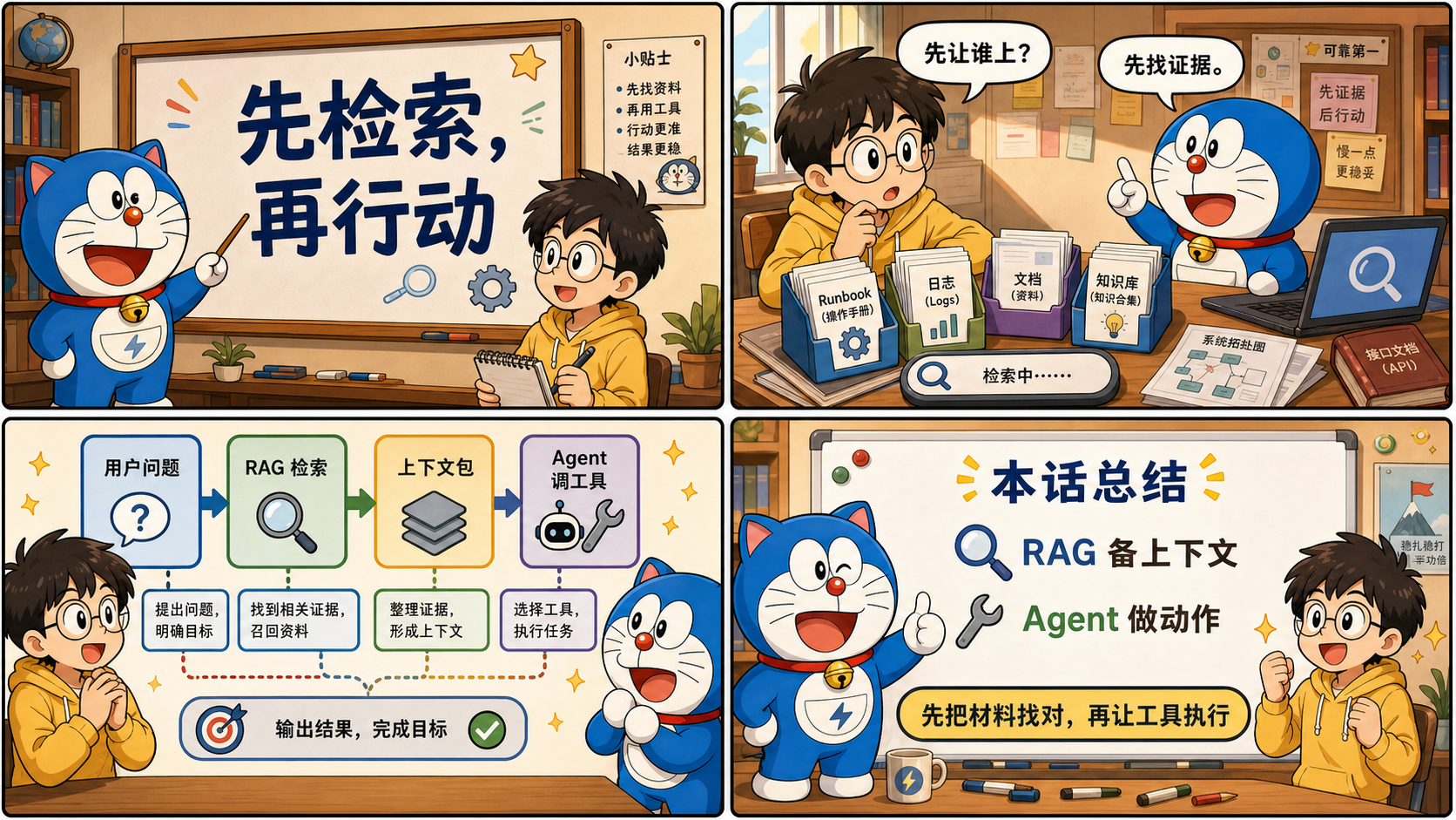 漫画三格插图：用户先提问题，检索系统从 runbook、日志和文档中拉回当前上下文，然后 Agent 根据这些上下文查日志、搜代码和发消息。
