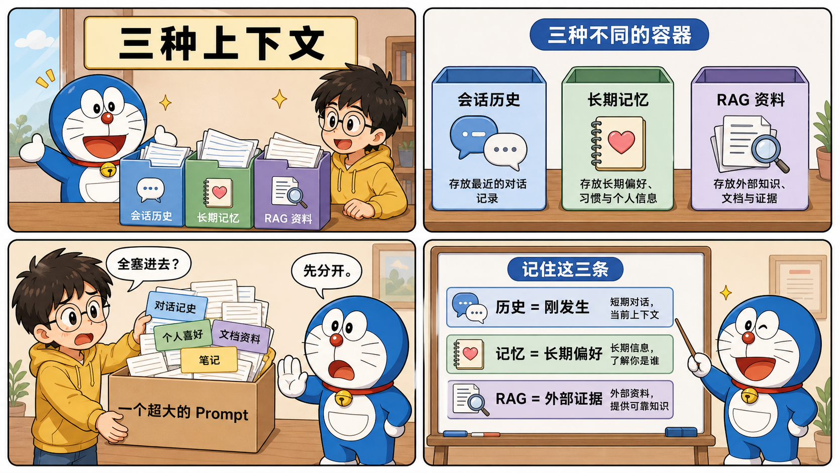 漫画风便签插图：三张便签分别代表会话历史、长期记忆和 RAG 外部资料，每张卡片都写着各自负责的内容。