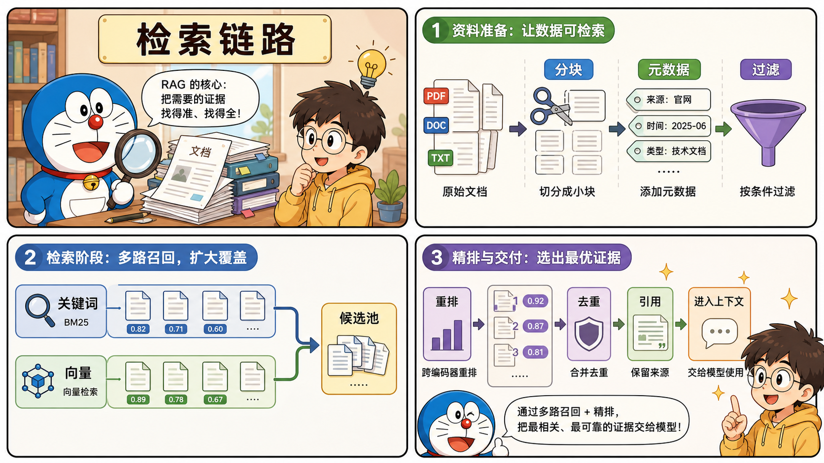 漫画风四格插图：从数据库问题引出 RAG 生产检查清单，包括语料清理、结构分块、metadata、hybrid 检索和 rerank。